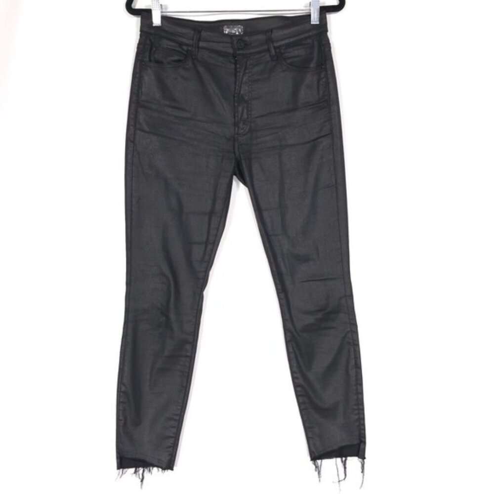 MOTHER Women's Pants Jeans 28 Coated Faux Leather Feel Black Raw Hem MADE IN USA